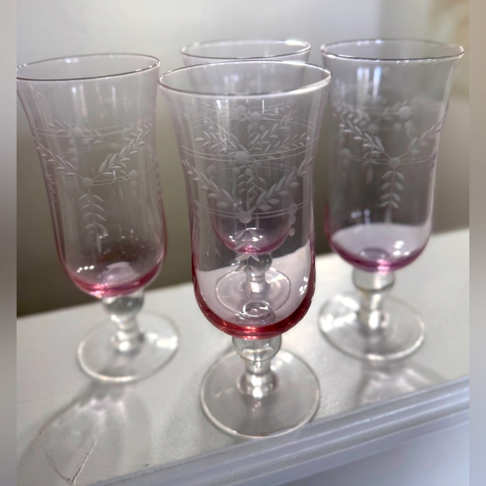 SOLD  of 4 TABLA Glasses, Etched Floral, Rainbow Pink, Vintage Glassware RARE